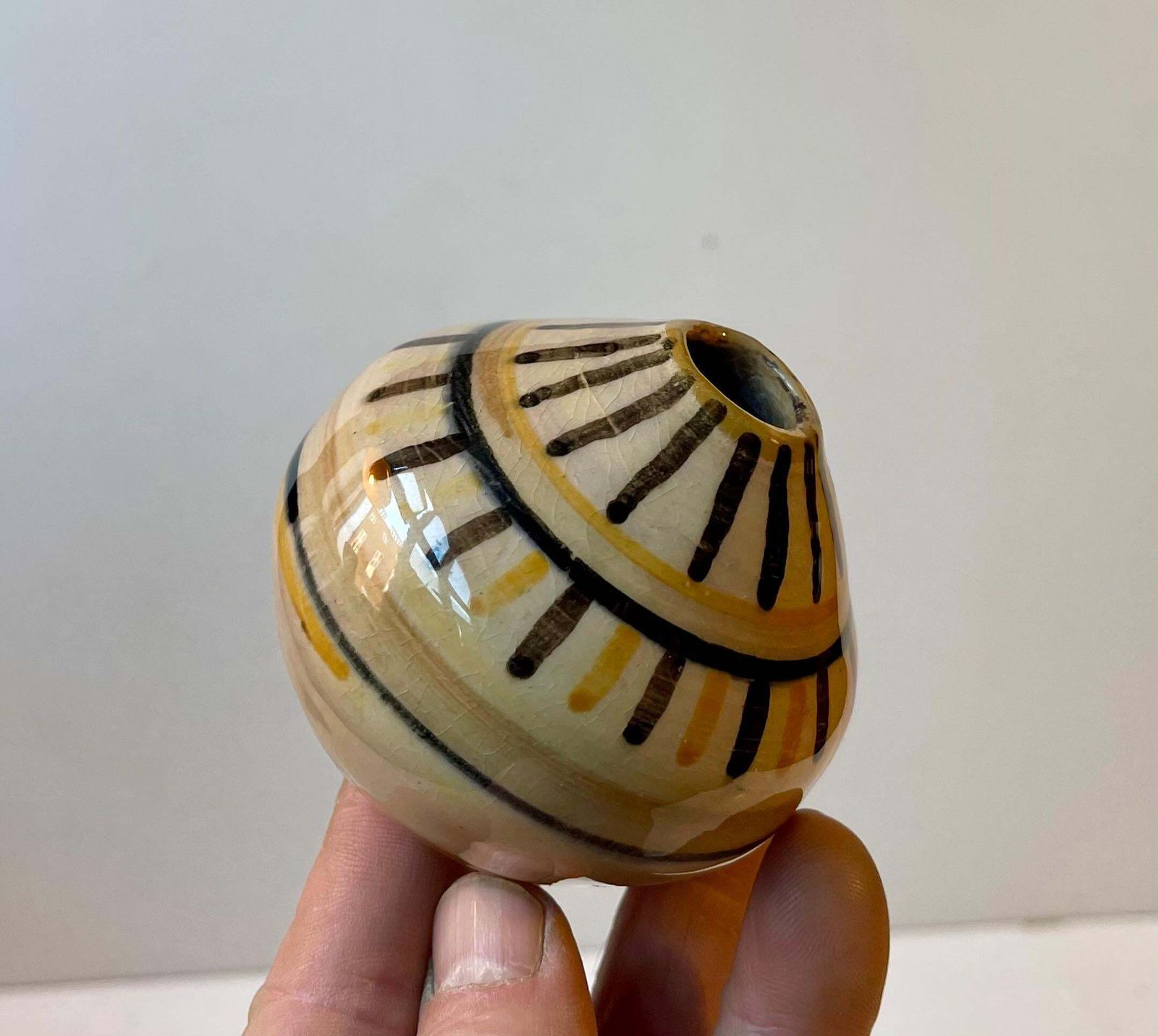 Swedish Modern Hand Glazed Ceramic Vase In Yellow & Black photo vinterior