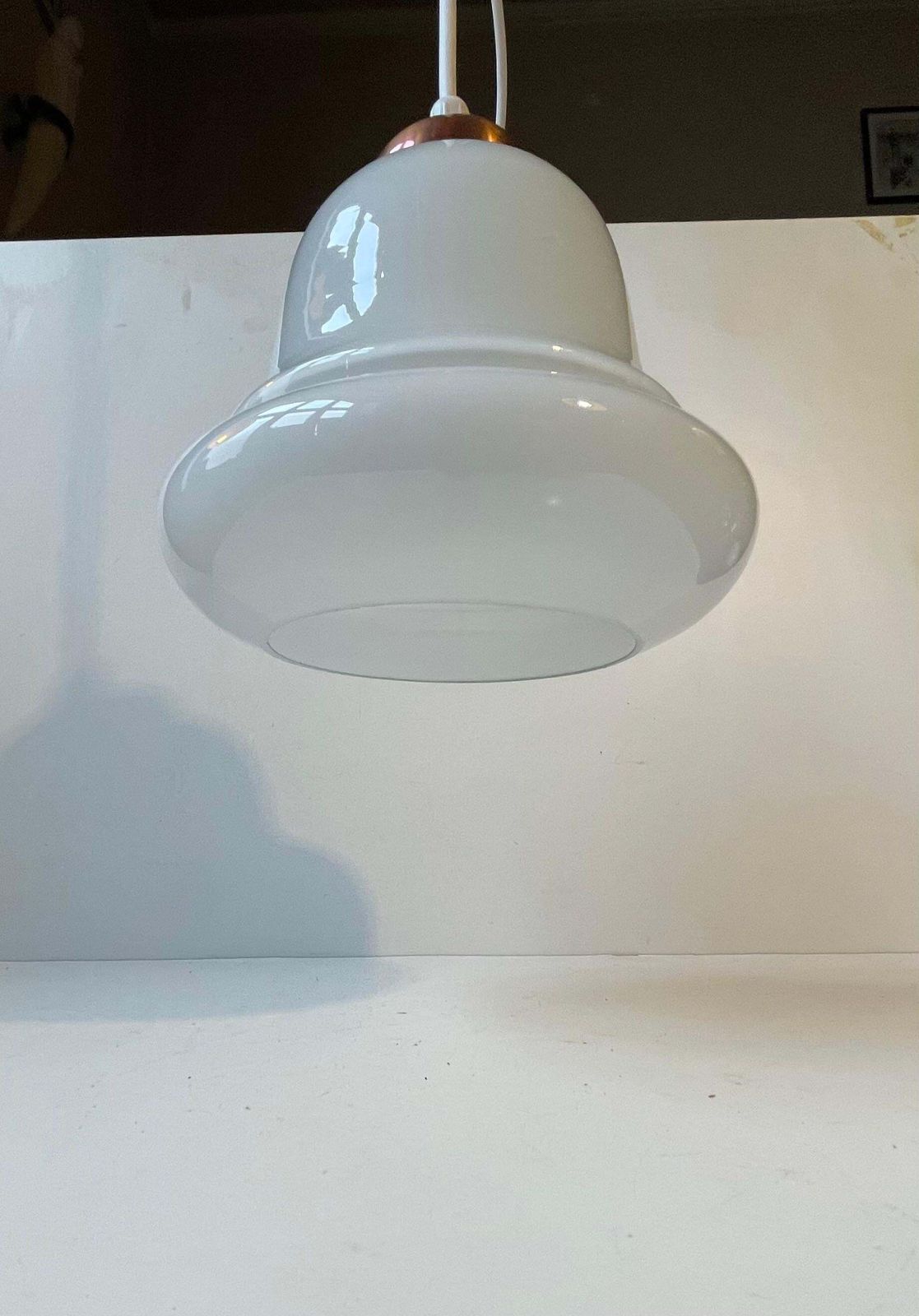 photo furniture Danish Functionalist Bell Pendant Lamp In Opaline Glass & Copper By Holmegaard