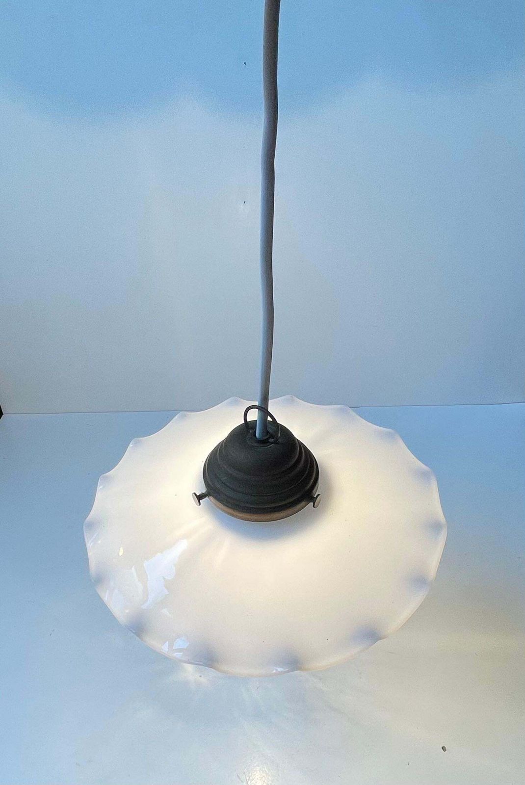Scandinavian Ballerina Pendant Lamp W. Pleaded White Opaline Glass Shade, 1920s photo for sale