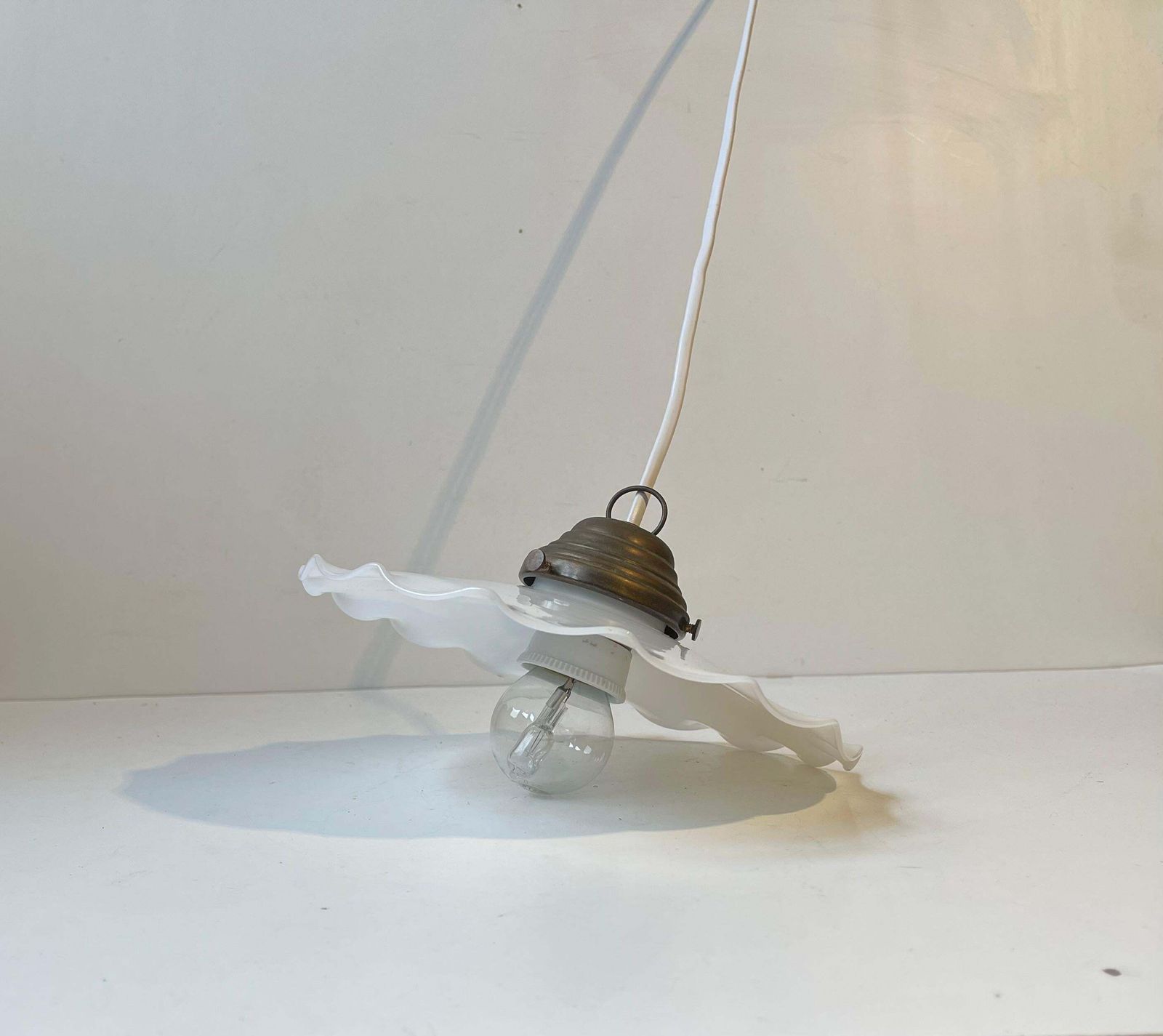 Scandinavian Ballerina Pendant Lamp W. Pleaded White Opaline Glass Shade, 1920s photo vinterior