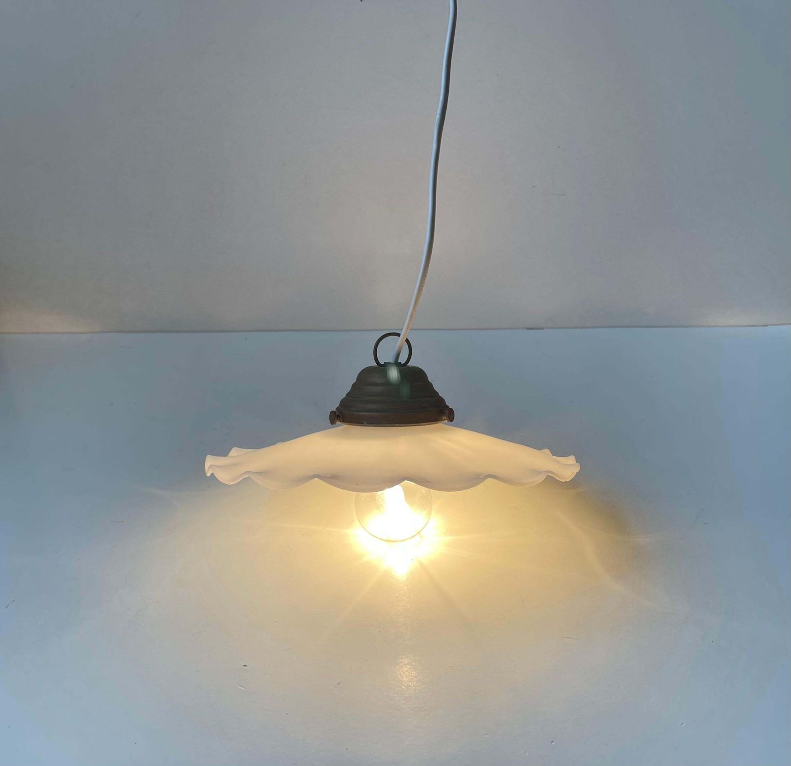 photo furniture Scandinavian Ballerina Pendant Lamp W. Pleaded White Opaline Glass Shade, 1920s