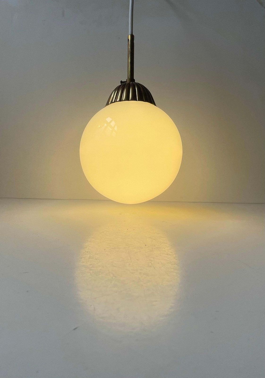 Scandinavian Art Deco Globe Pendant Lamp In White Opaline Glass & Brass photo for sale