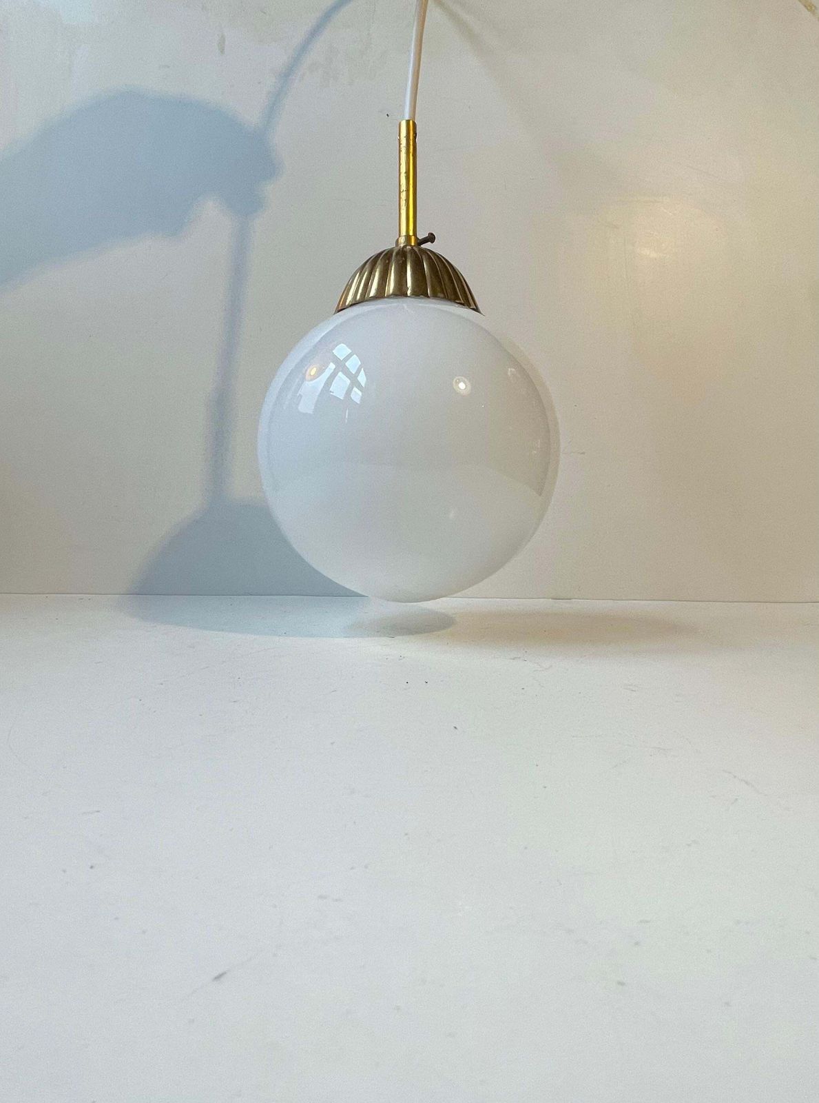 Scandinavian Art Deco Globe Pendant Lamp In White Opaline Glass & Brass photo 229.0