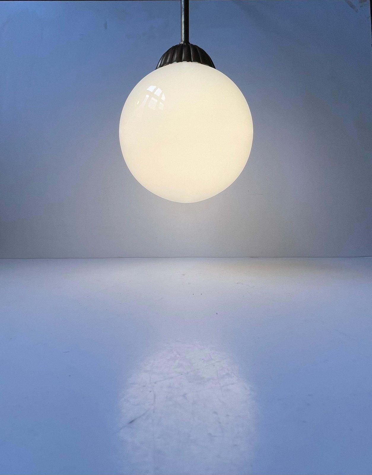 Scandinavian Art Deco Globe Pendant Lamp In White Opaline Glass & Brass photo vinterior