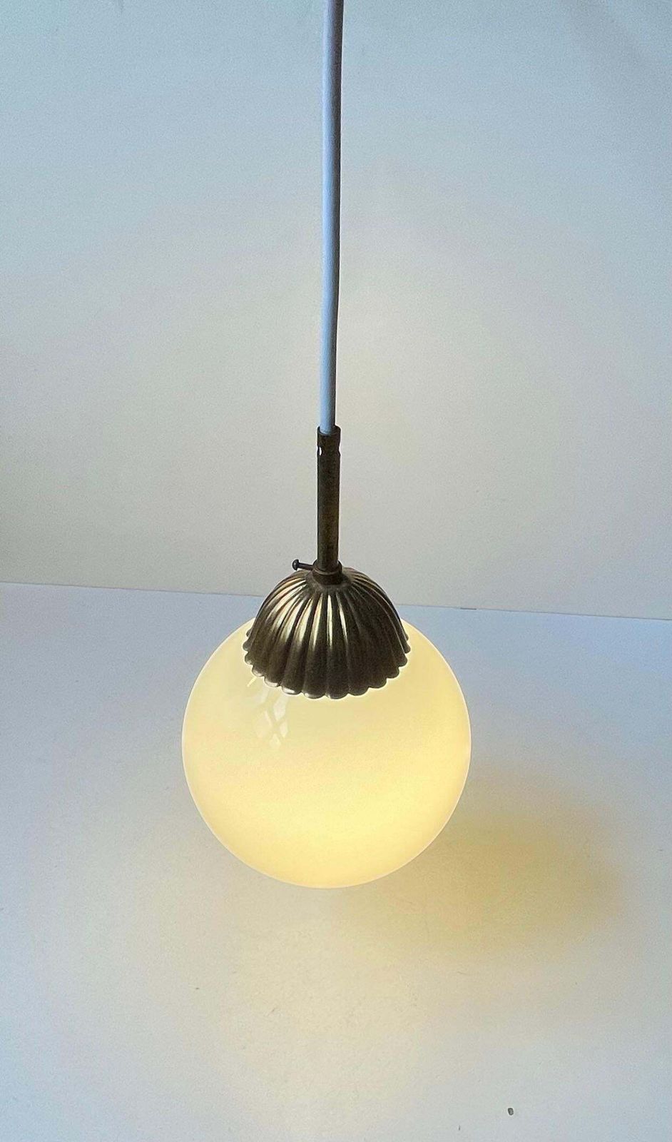 Scandinavian Art Deco Globe Pendant Lamp In White Opaline Glass & Brass photo buy