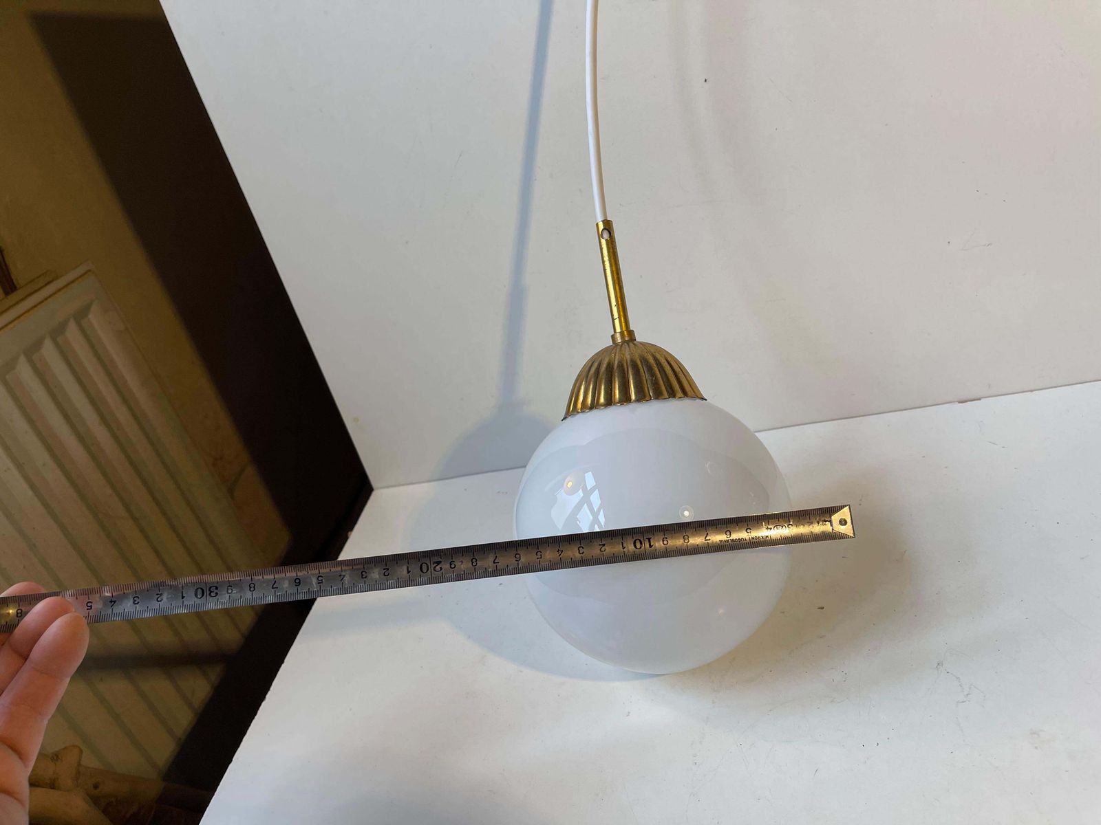Scandinavian Art Deco Globe Pendant Lamp In White Opaline Glass & Brass photo vintage