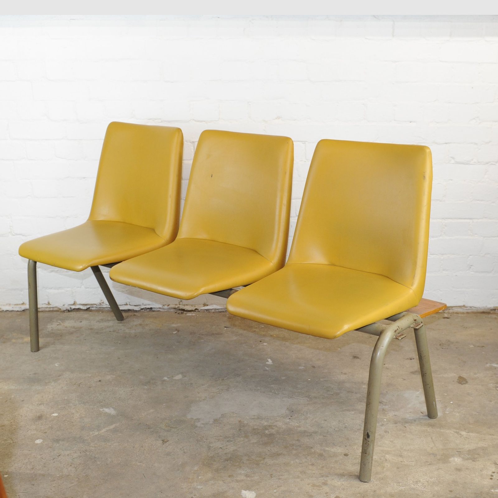 Conjoined Yellow Vinyl Chairs On Black Legs, Set Of 3, 1980s