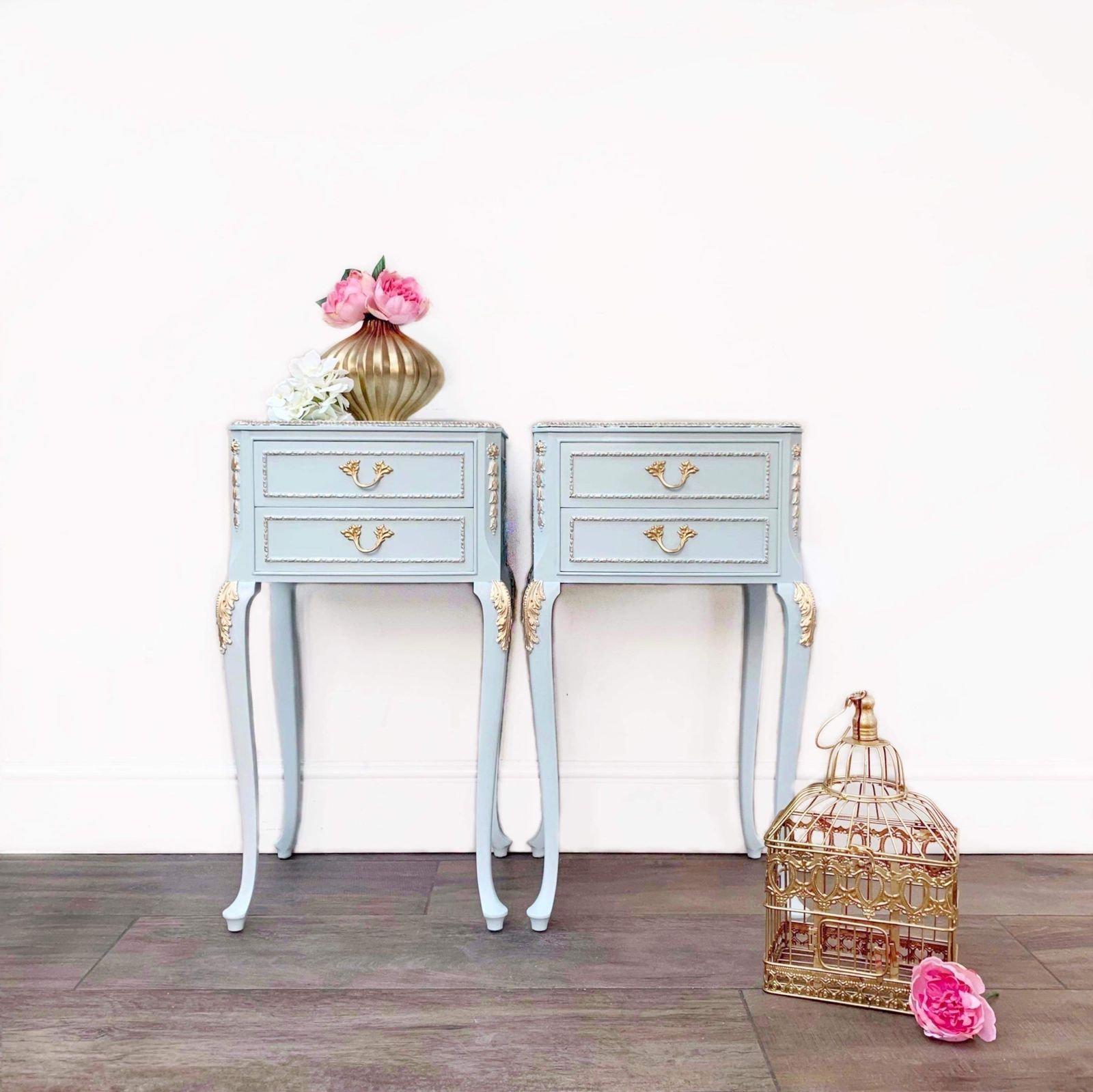 Ornate Louis French Bedside Tables Baby Blue