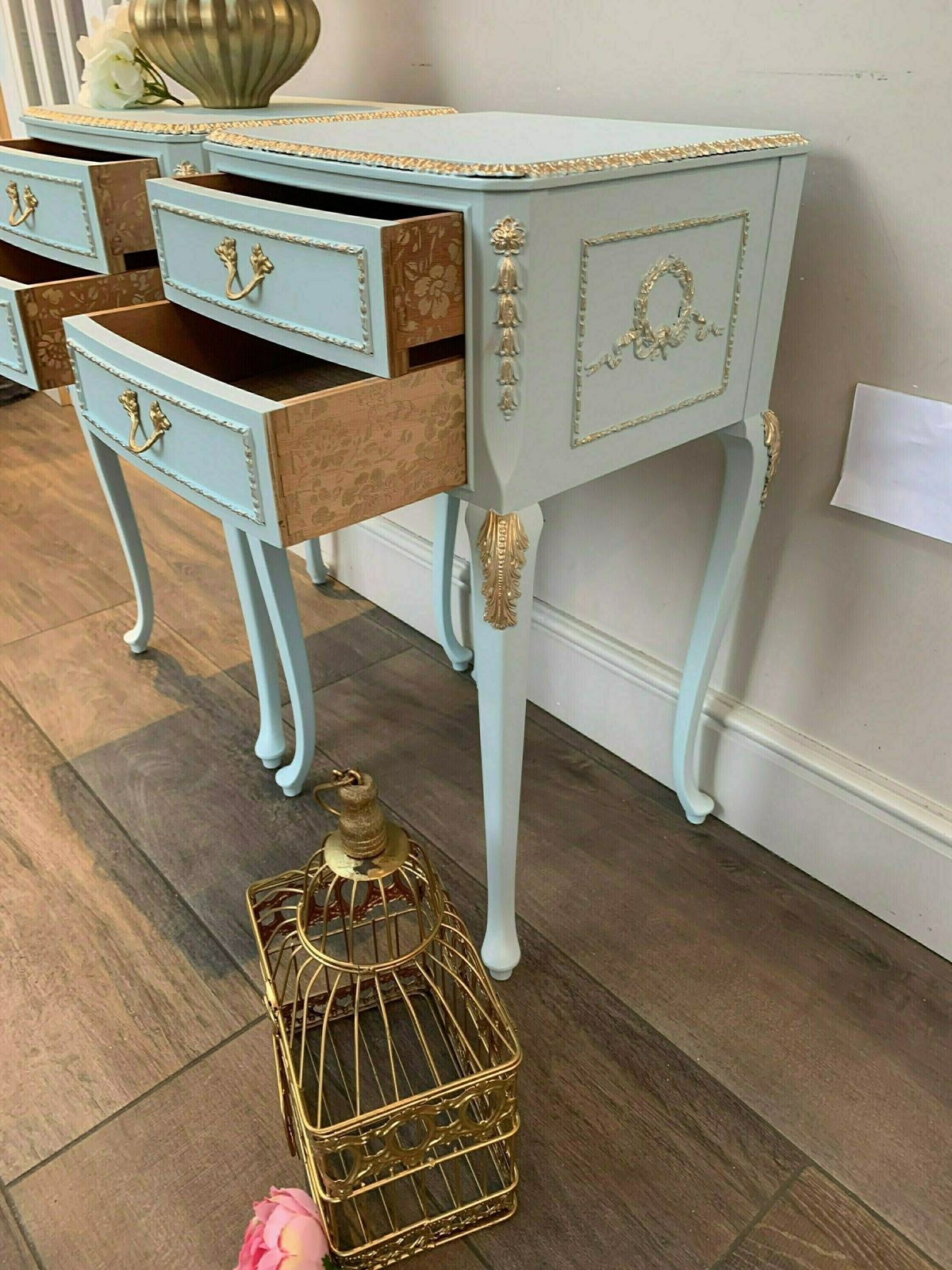 Ornate Louis French Bedside Tables Baby Blue photo vinterior