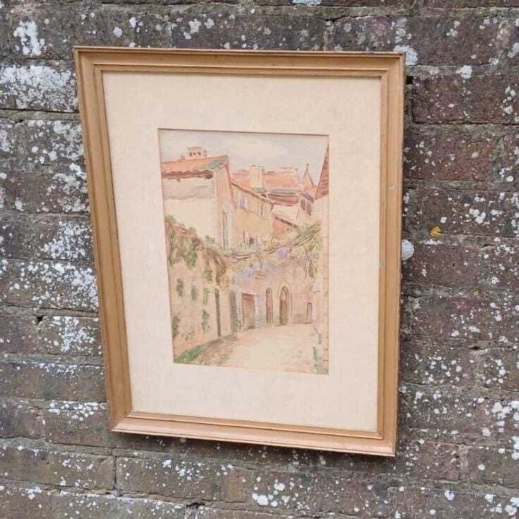 Vintage Mediterranean Watercolour – Sunlit Courtyard Street Scene In Rustic Frame, Tuscan/Provençal Street Painting (C.1950s–70s)