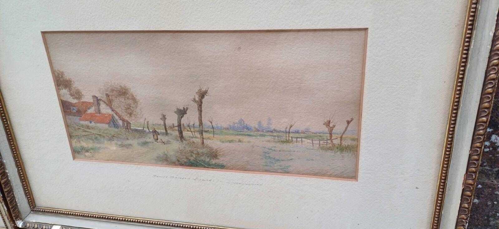 English Countryside Watercolours By J.D. Stewart – Lincolnshire Views In Vintage Frames, Rural Cottage Landscapes (Pair, C.1920s) photo 145.0