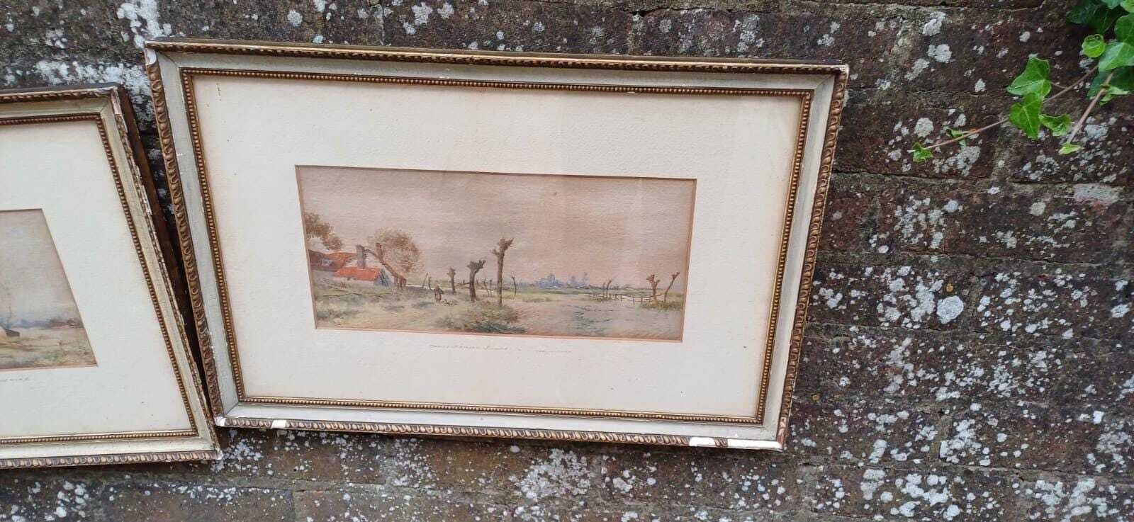 English Countryside Watercolours By J.D. Stewart – Lincolnshire Views In Vintage Frames, Rural Cottage Landscapes (Pair, C.1920s) photo buy