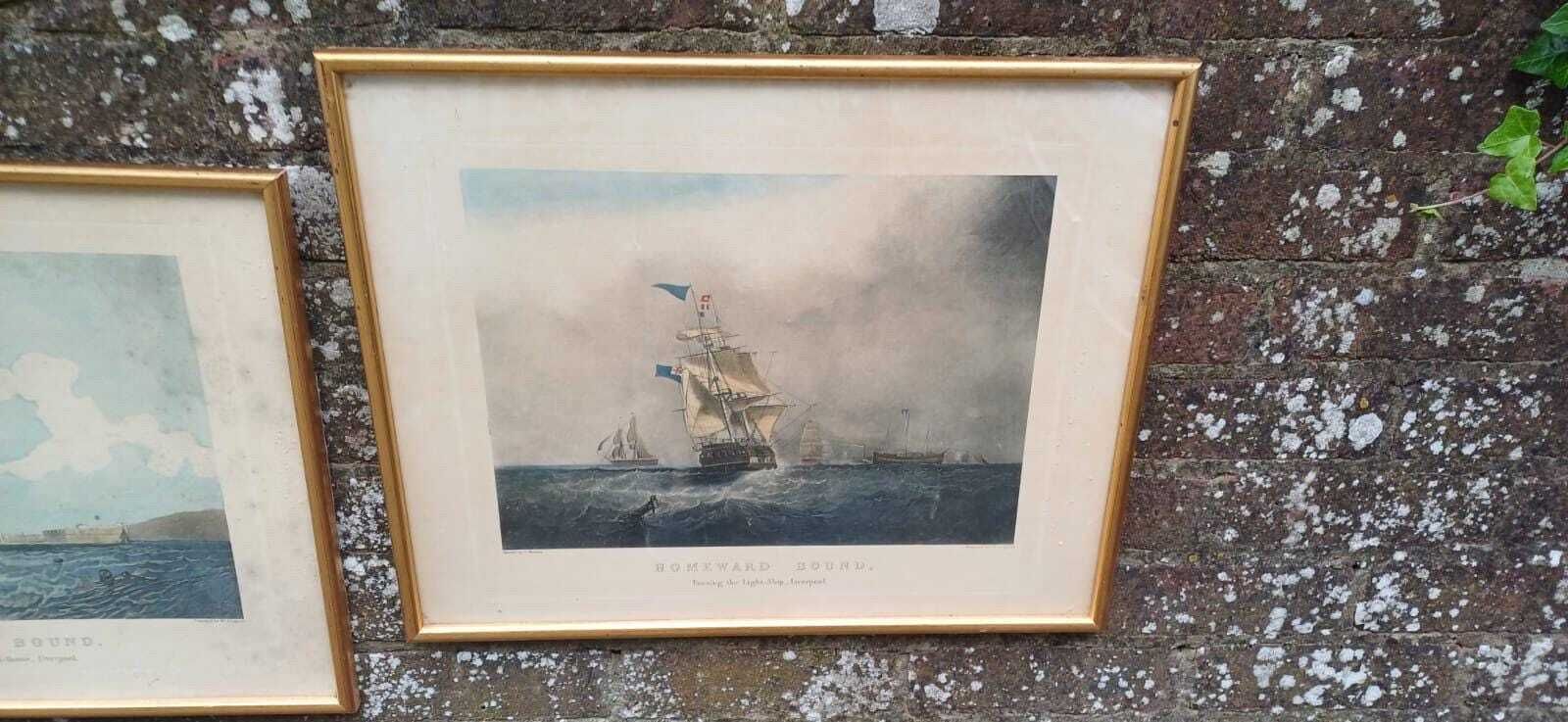 Antique Framed Maritime Art Prints By S. Walters – “Homeward Bound” & “Outward Bound”, Liverpool, Framed Nautical Scenes, Victorian Era photo vinterior
