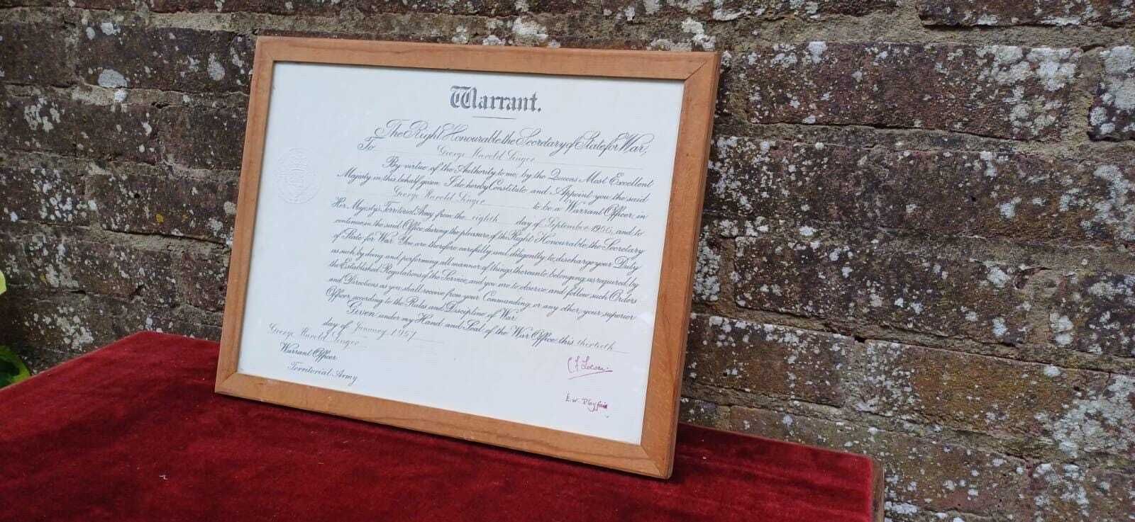 1957 British Army Warrant – George H. Singer Appointment As Territorial Army Officer, Original Military Document, Framed & Embossed photo buy