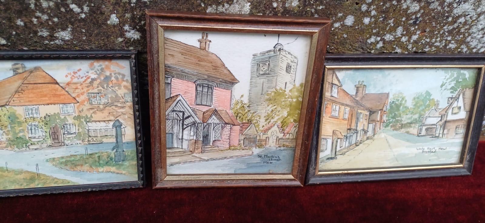 Set Of 3 Small Watercolours By Madge E. White Mbe – English Village Scenes, Brasted, Westerham, Kent (1950s Original Art), Framed photo furniture