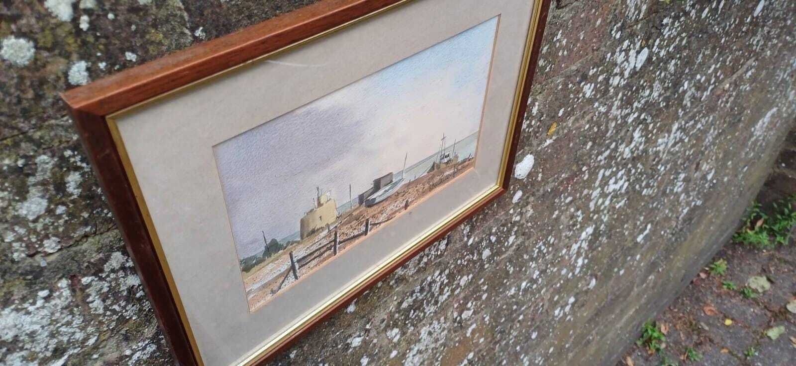 Original Coastal Watercolour By Andrew John – Martello Tower & Beached Boats, Framed Maritime Painting, photo 69.0