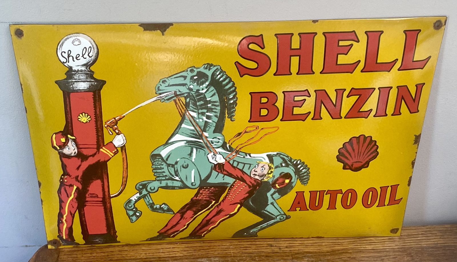 Vintage Shell Benzin Auto Oil Large Enamel Metal Garage Sign Gas Petrol Station Dealership Dealer Royal Dutch Shell Bp Esso Benzole Huiles Car Art photo vintage