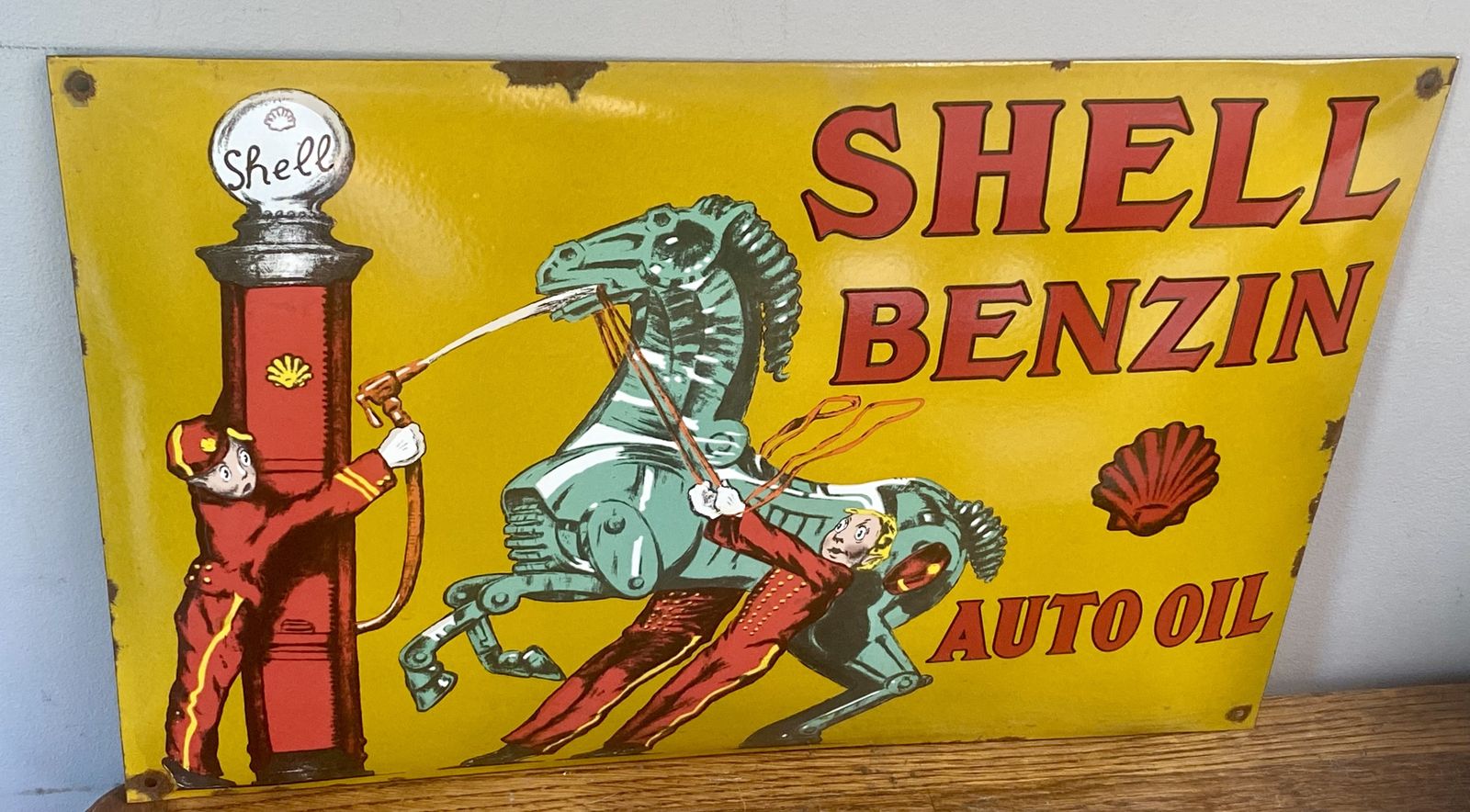 Vintage Shell Benzin Auto Oil Large Enamel Metal Garage Sign Gas Petrol Station Dealership Dealer Royal Dutch Shell Bp Esso Benzole Huiles Car Art photo Home Decor