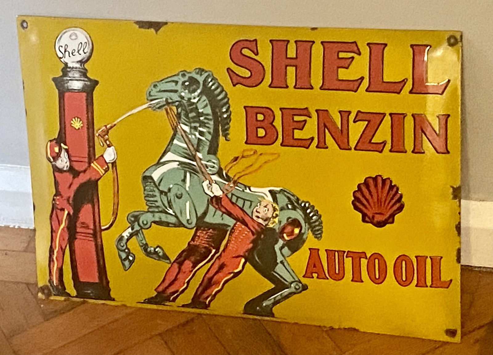 Vintage Shell Benzin Auto Oil Large Enamel Metal Garage Sign Gas Petrol Station Dealership Dealer Royal Dutch Shell Bp Esso Benzole Huiles Car Art photo furniture
