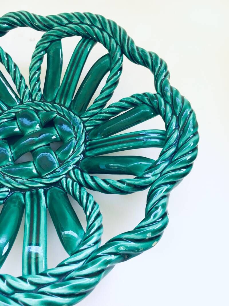 Midcentury Art Ceramics Green Braided Woven Bowl By Vallauris, France 1950's photo vinterior