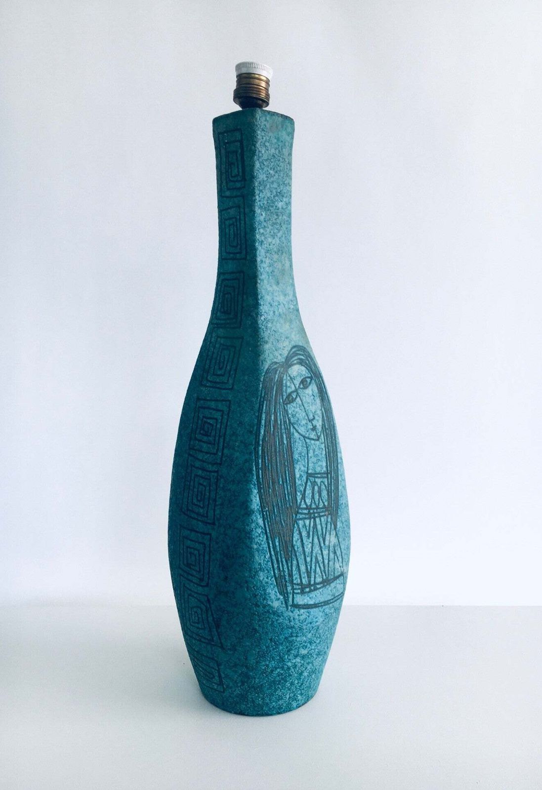 Very Rare Art Ceramics Sgraffito Table Lamp By Alvino Bagni For Raymor, Italy 1960's