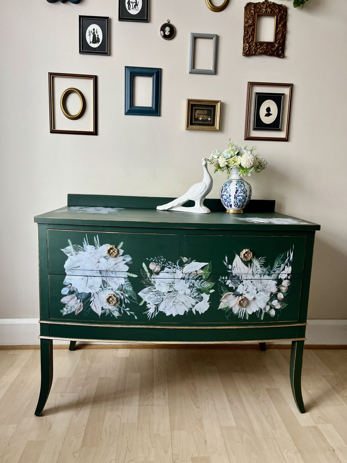Stunning Green & Floral Chest Of Drawers, Hand Painted