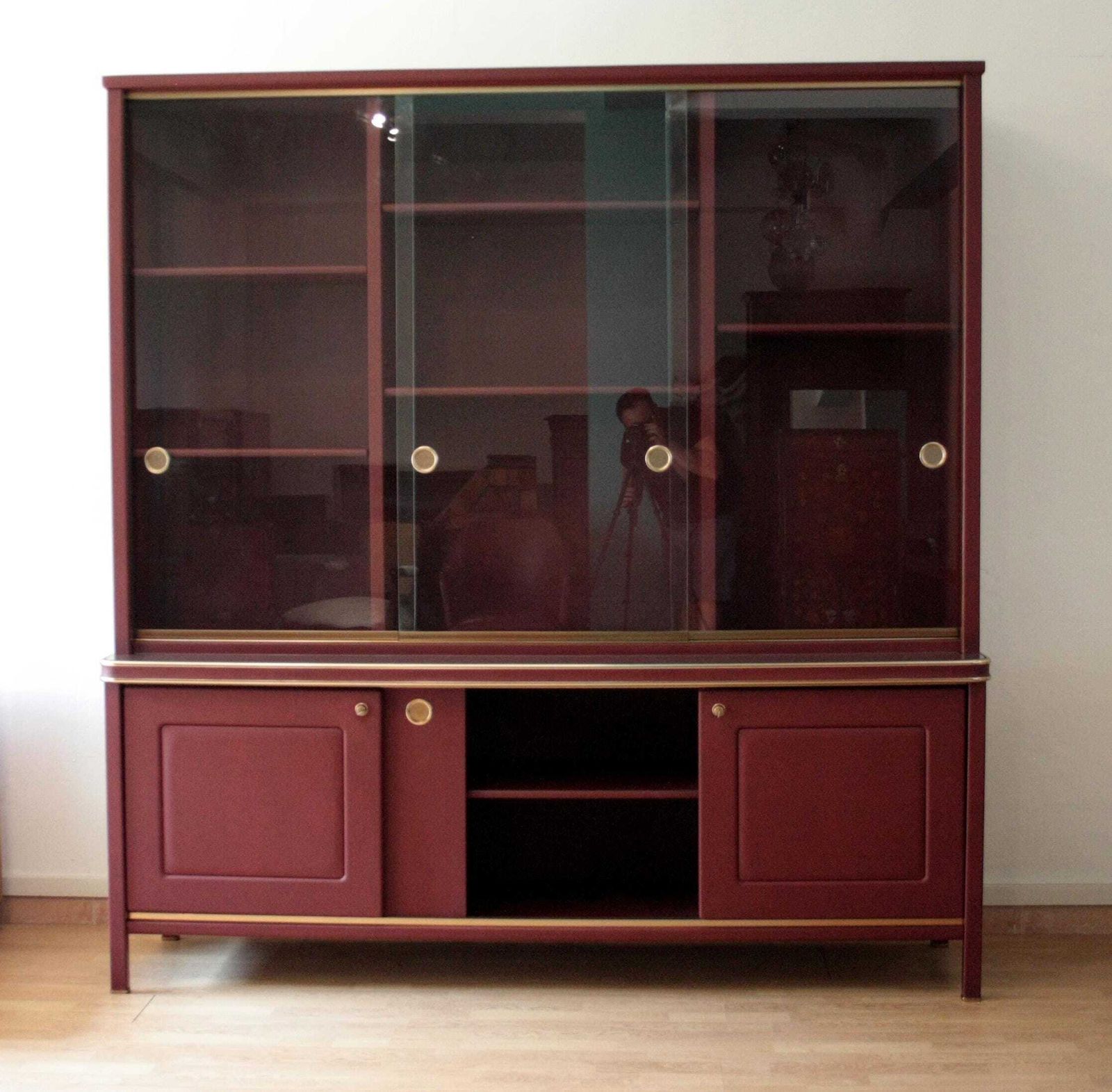 Sideboard Or Double Body Bookcase Covered In Burgundy Imitation Leather By Umberto Mascagni, 1950s photo Furniture