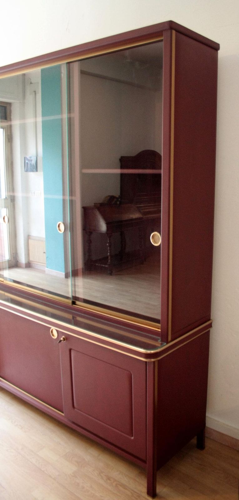 Sideboard Or Double Body Bookcase Covered In Burgundy Imitation Leather By Umberto Mascagni, 1950s photo vinterior