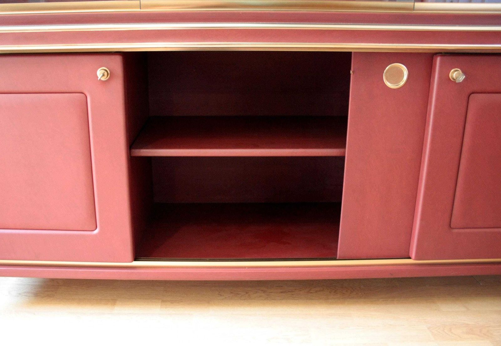 Sideboard Or Double Body Bookcase Covered In Burgundy Imitation Leather By Umberto Mascagni, 1950s photo vintage