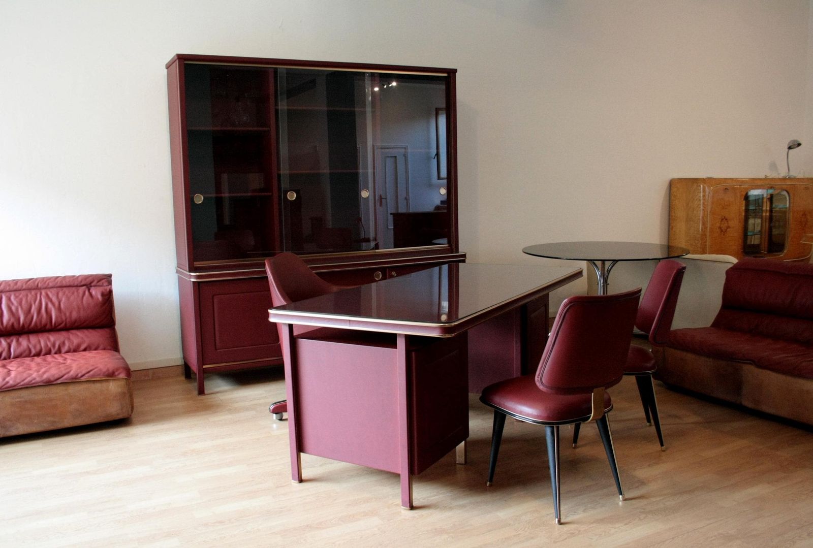 photo for sale Sideboard Or Double Body Bookcase Covered In Burgundy Imitation Leather By Umberto Mascagni, 1950s