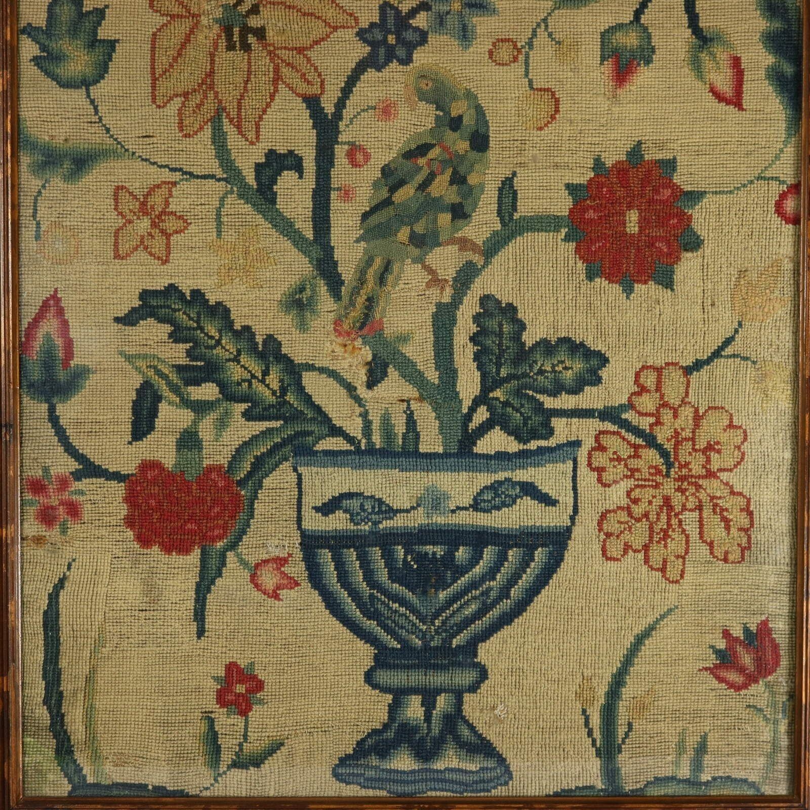 17thc Gros Point Embroidery   Vase Of Flowers With A Bird photo for sale