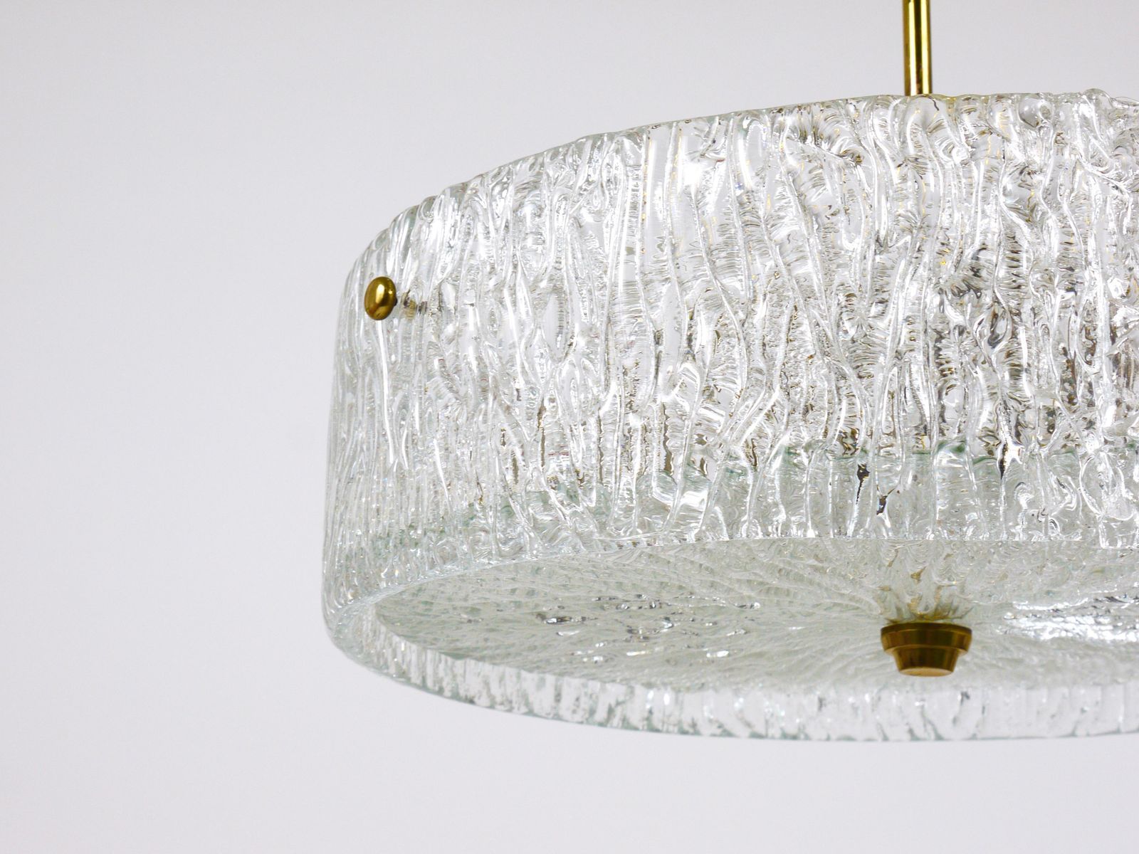 photo for sale J.T. Kalmar Round Textured Glass Ring & Brass Chandelier, Pendant Lamp, 1950s