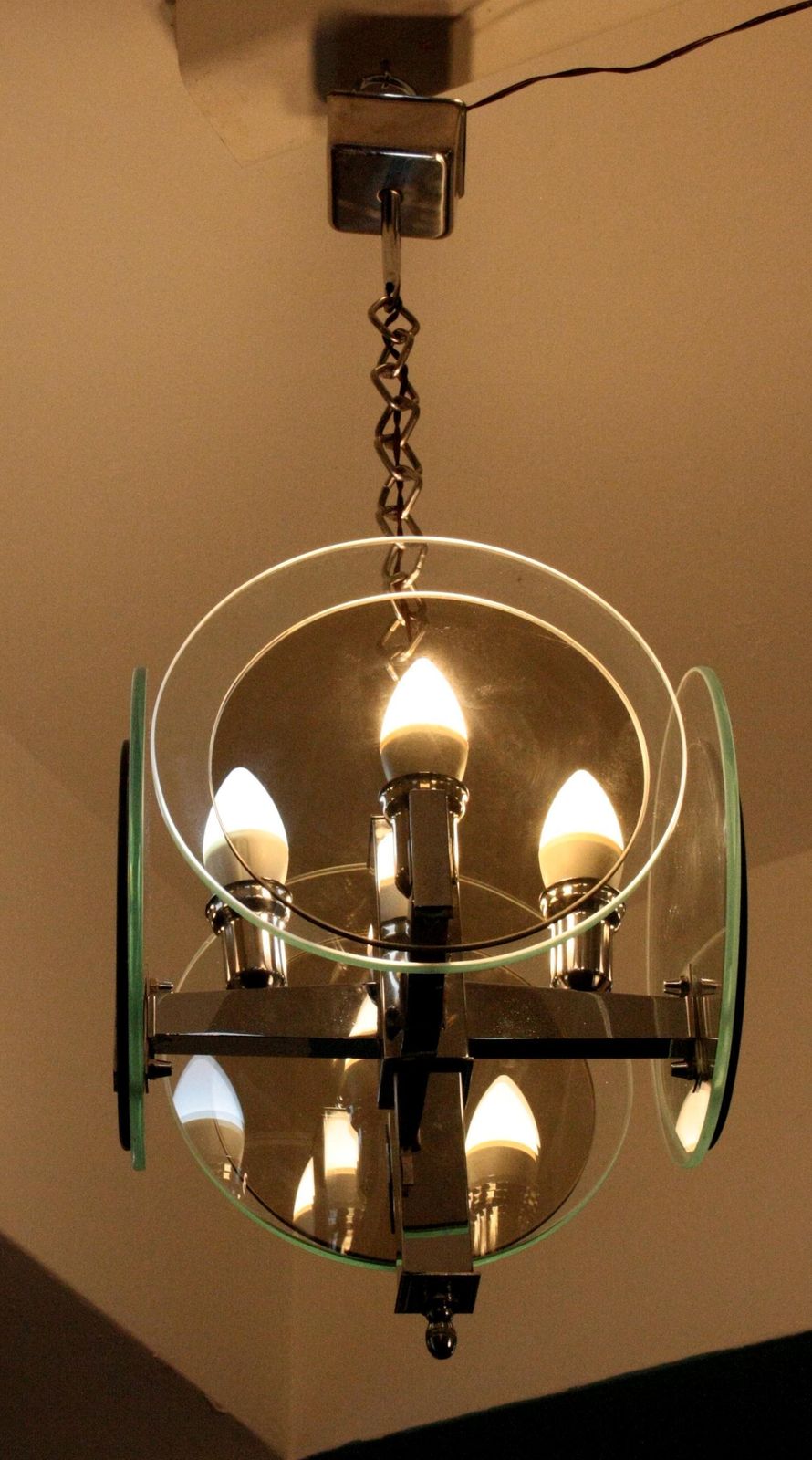 Vintage Art Deco Chandelier In Chromed Metal And Glass, Italy, 1970s photo Lighting