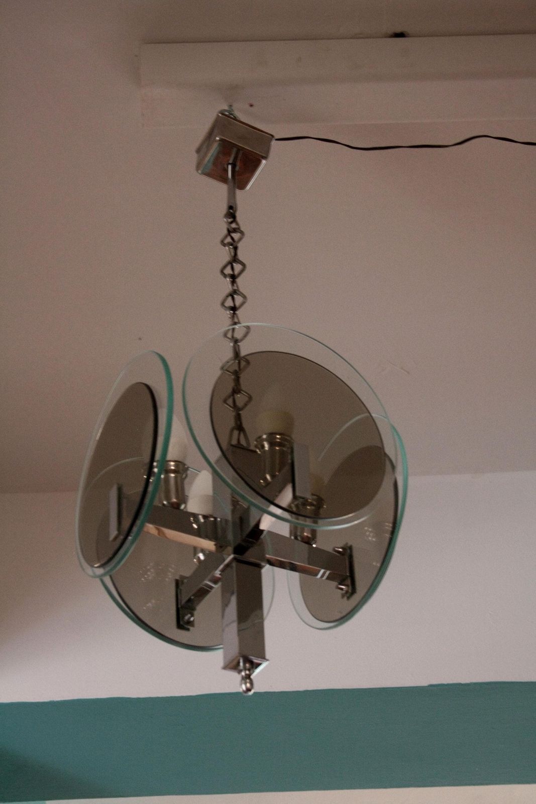 Vintage Art Deco Chandelier In Chromed Metal And Glass, Italy, 1970s photo vintage