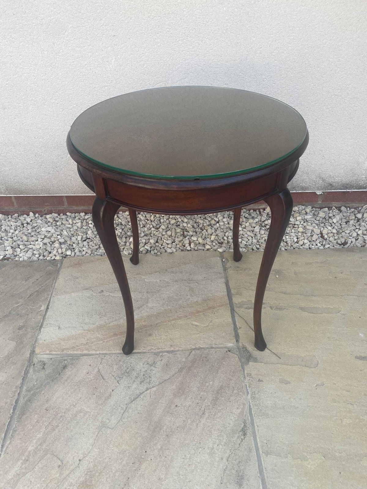 Antique Mahogany Side Table Wine Table With Round Glass Top.