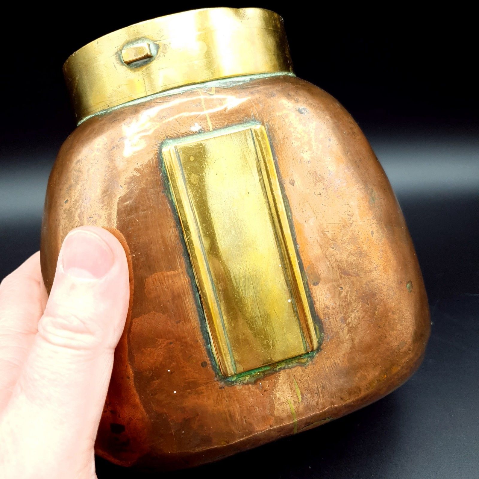 80.0 Copper & Brass Vessel Small Coal, Kindling Scuttle, Heating Pot 625g Re Use Vtg photo