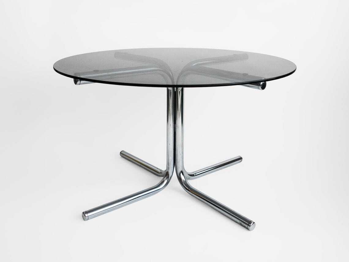 Vintage Round Coffee Table Black Glass Chrome Legs Modernist Space Age Design Mid Century Home Decor 1970s