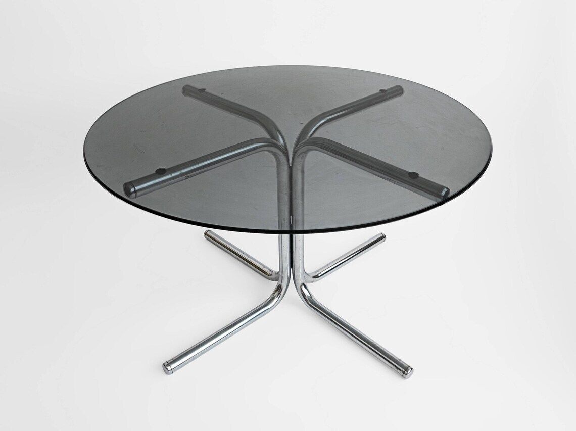 Vintage Round Coffee Table Black Glass Chrome Legs Modernist Space Age Design Mid Century Home Decor 1970s photo furniture