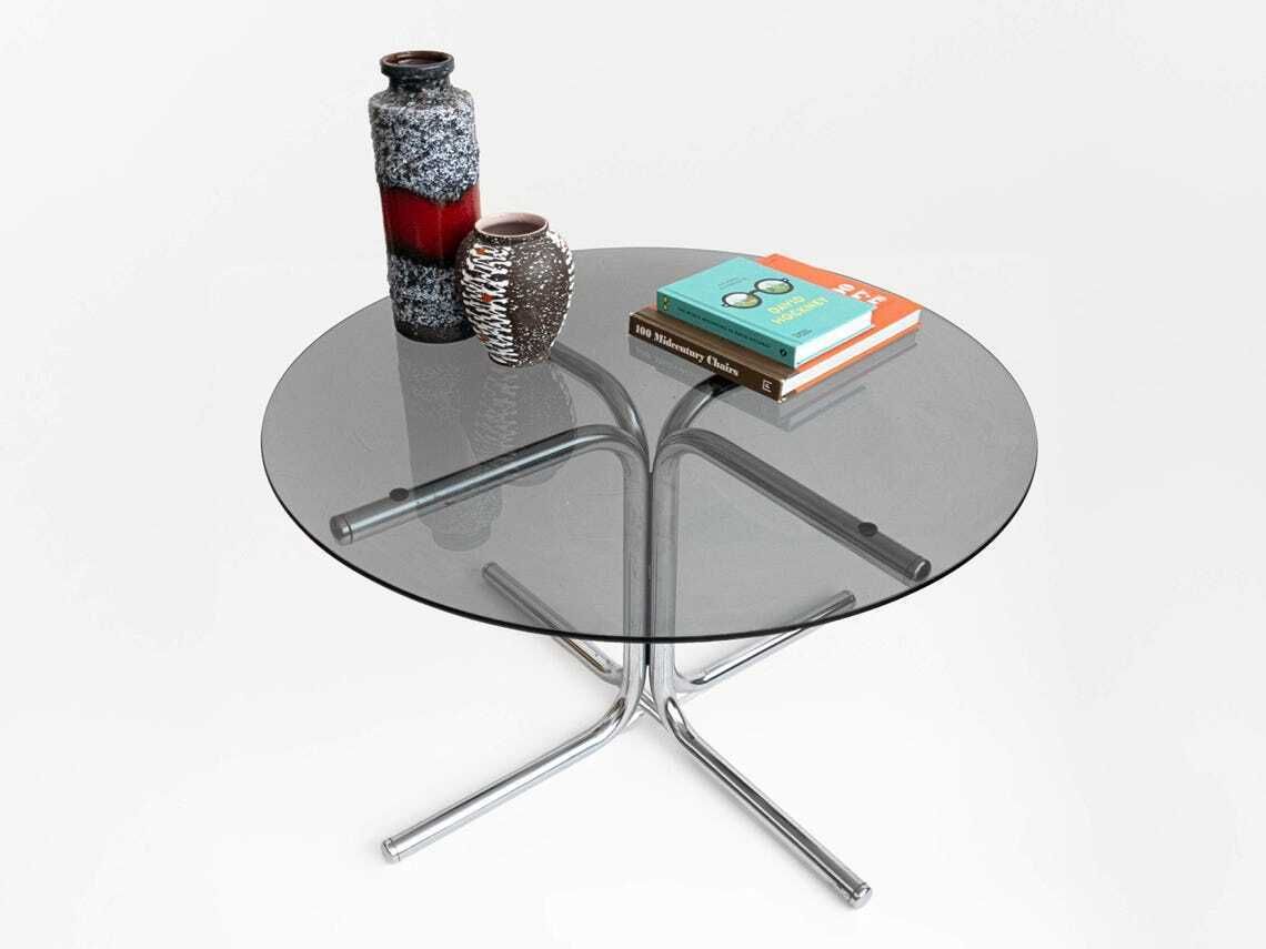 Vintage Round Coffee Table Black Glass Chrome Legs Modernist Space Age Design Mid Century Home Decor 1970s photo vinterior