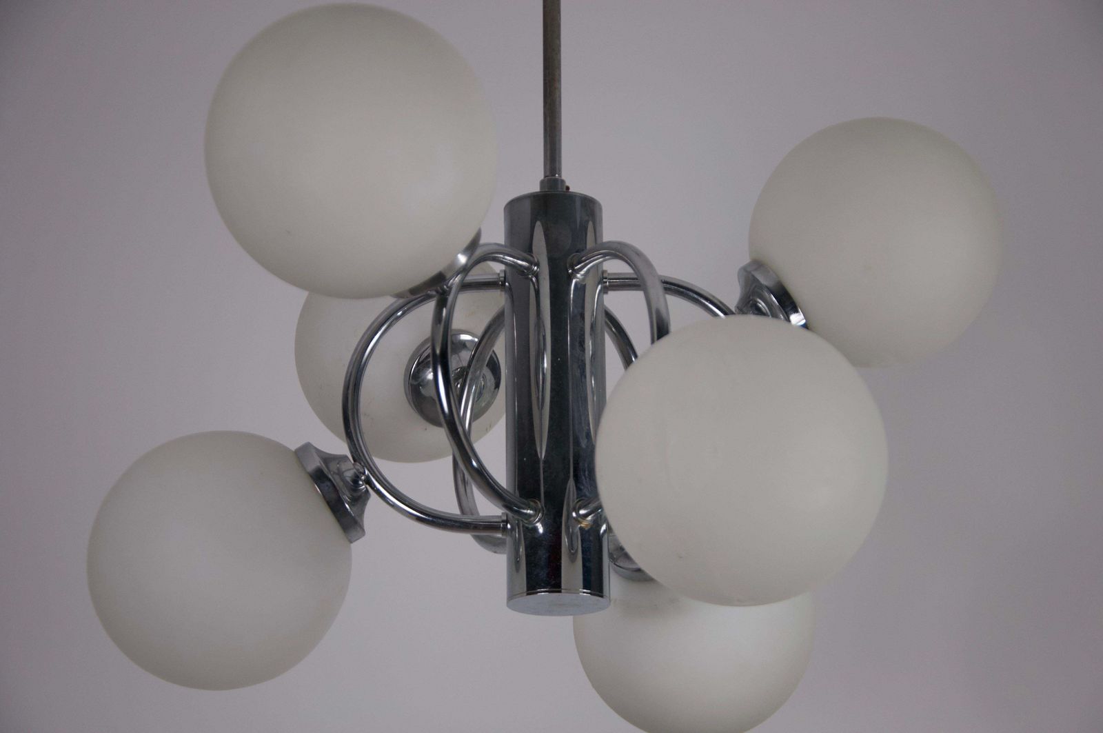 photo furniture Mid Century Modern Chrome Kaiser 6 Arm Space Age Chandelier, Germany, 1960s