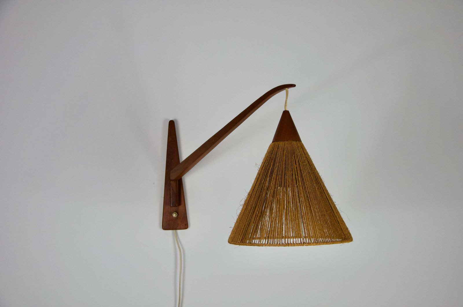 Mid Century Teak And Rattan Swing Arm Wall Lamp By Temde, Swiss, 1960s photo buy