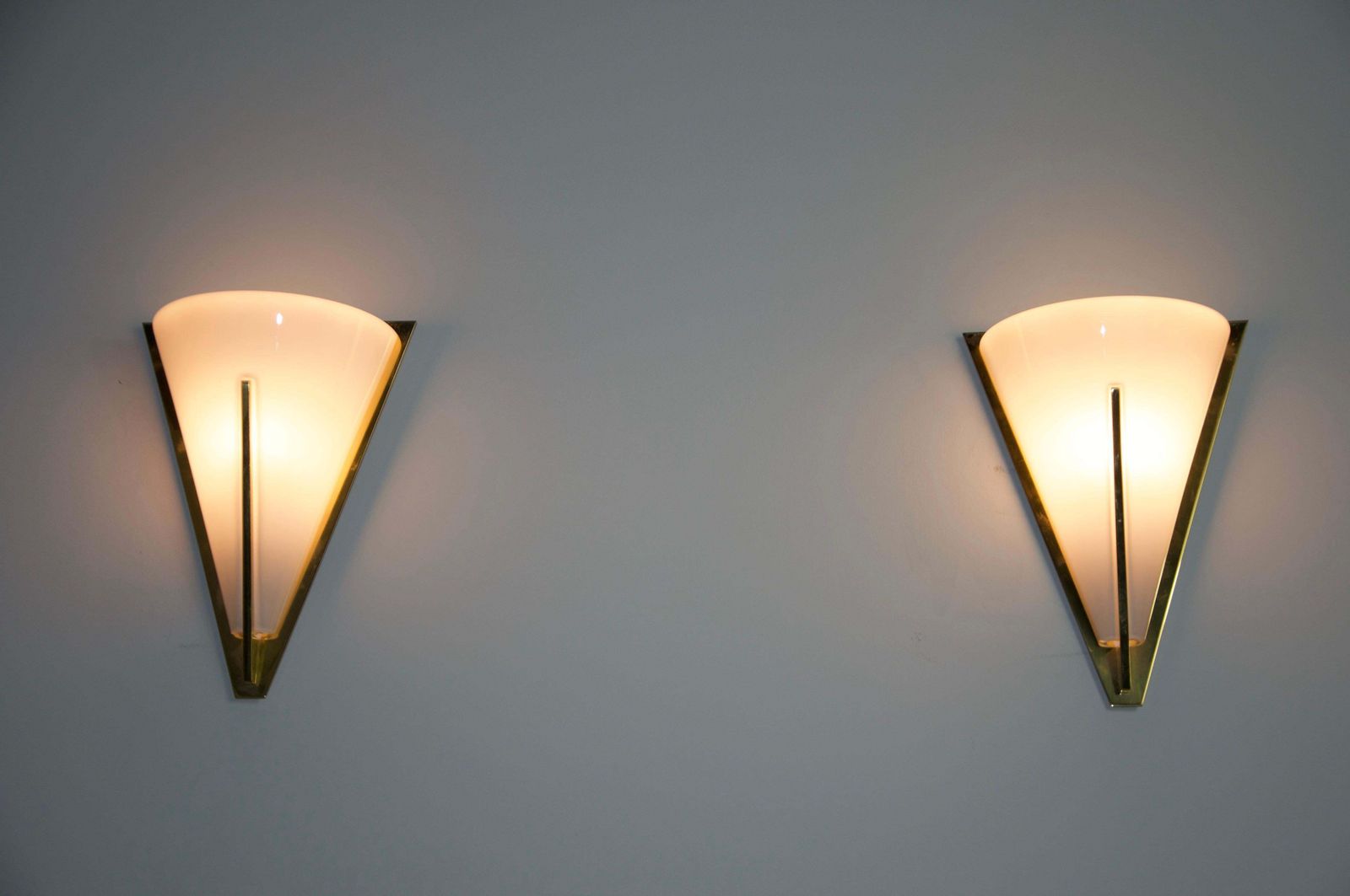 Pair Of Brass And Opaline Glass Wall Lamps By Glashütte Limburg, 1960s photo for sale