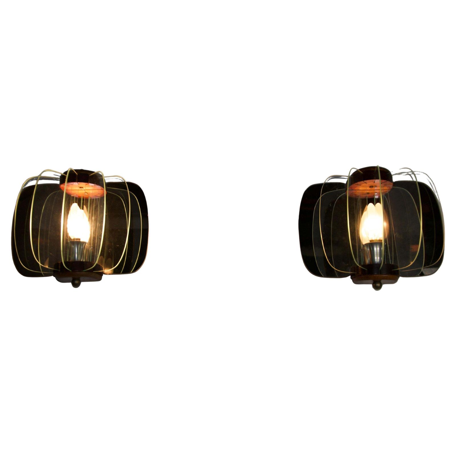 Pair Of Wooden And Glass Wall Lamps, Italy, 1960s