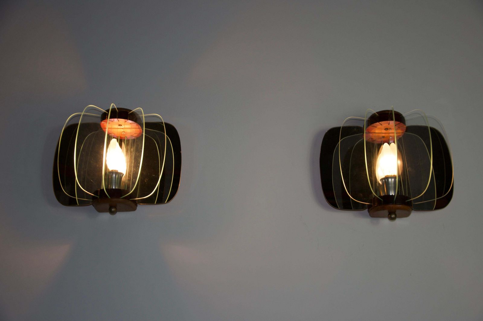 Pair Of Wooden And Glass Wall Lamps, Italy, 1960s photo vintage