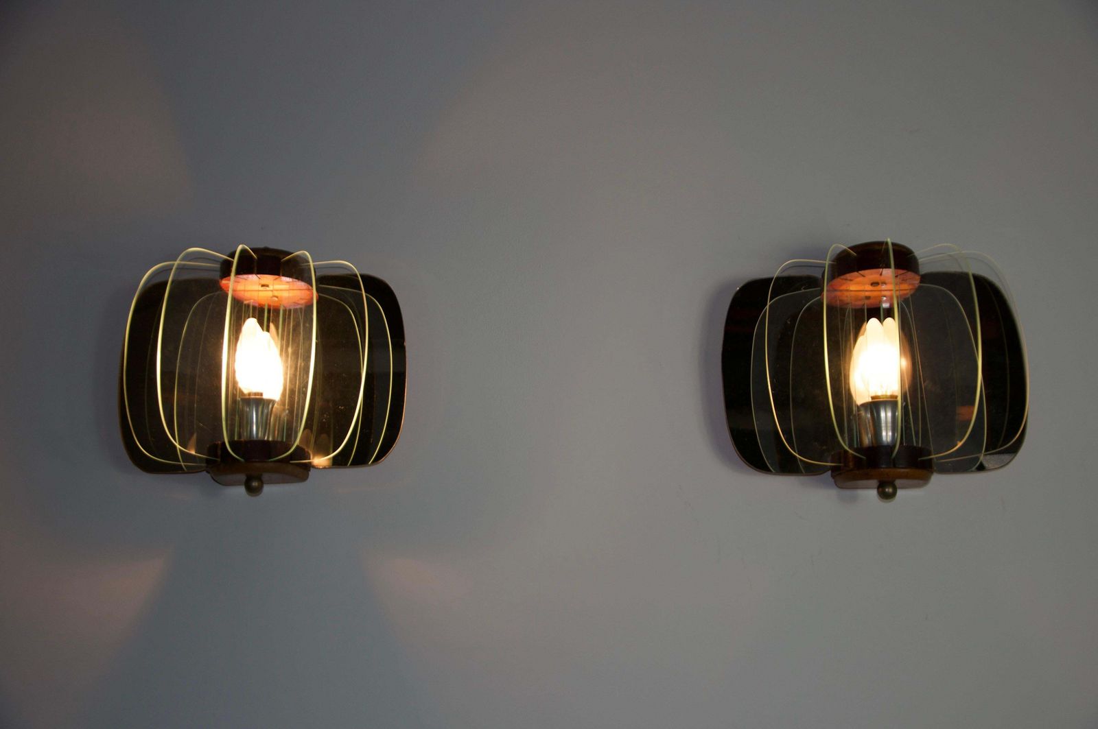 photo furniture Pair Of Wooden And Glass Wall Lamps, Italy, 1960s