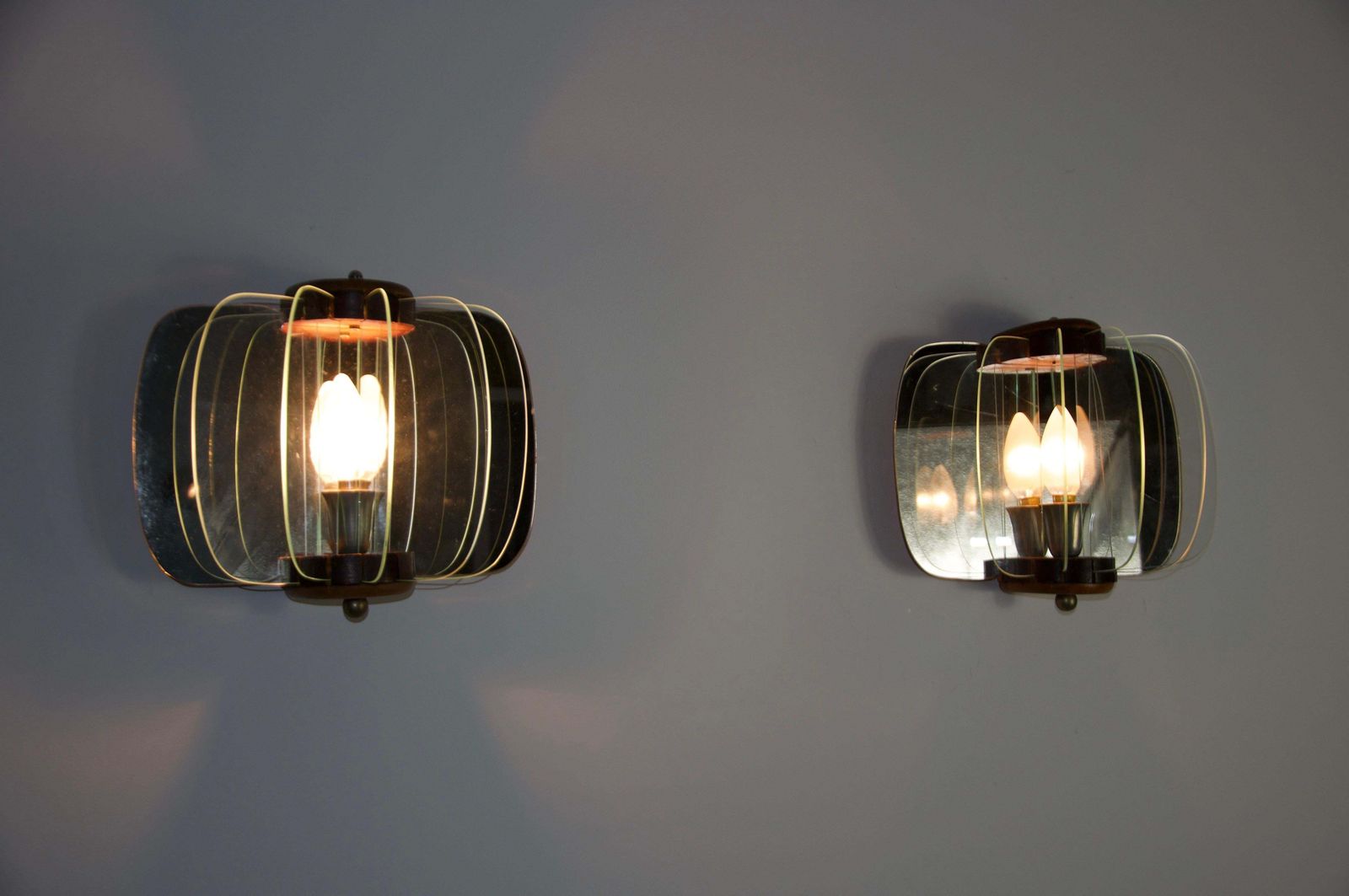 photo for sale Pair Of Wooden And Glass Wall Lamps, Italy, 1960s