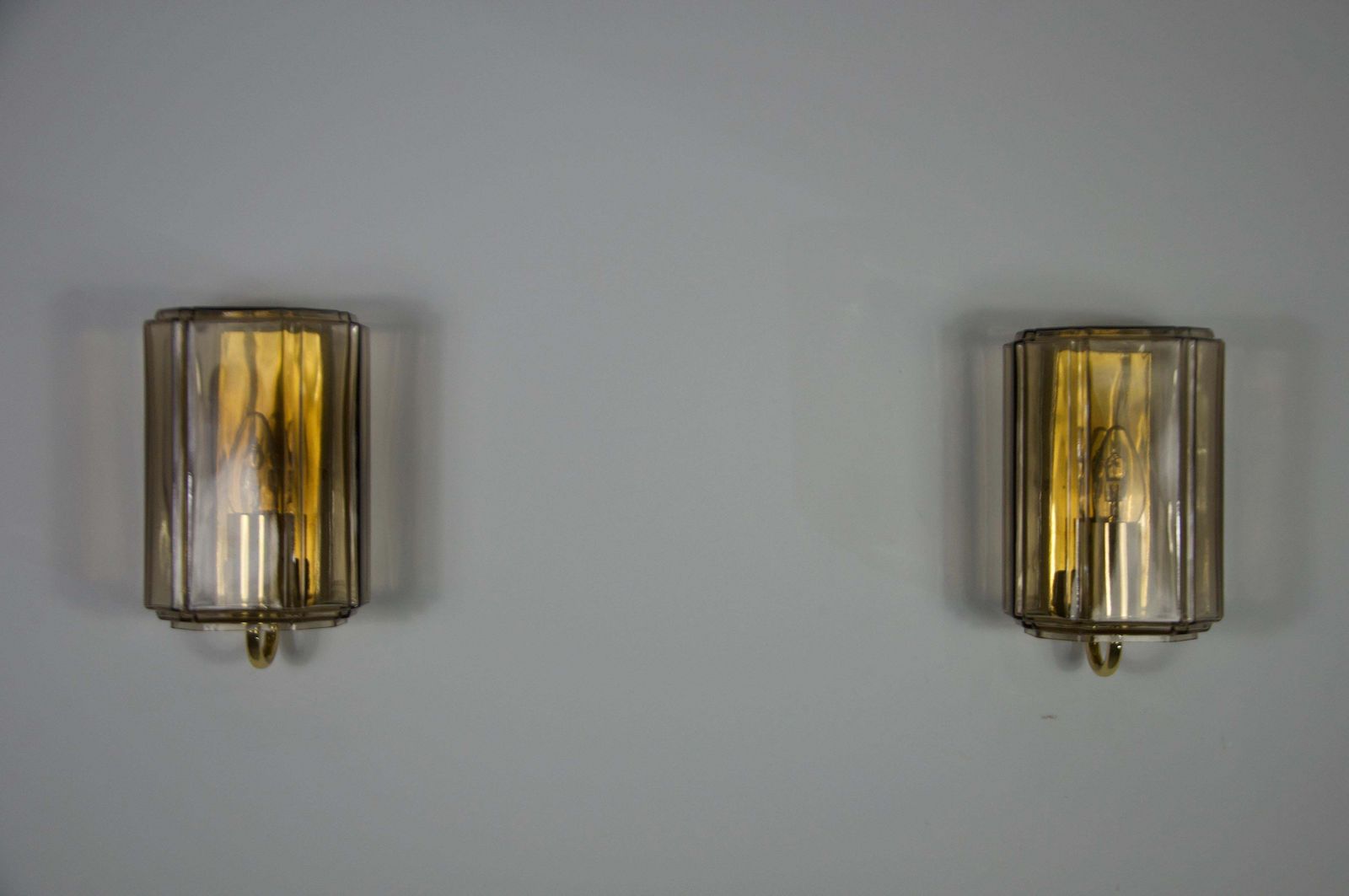 Pair Of Brass And Glass Wall Lamps By Glashütte Limburg, 1960s photo for sale