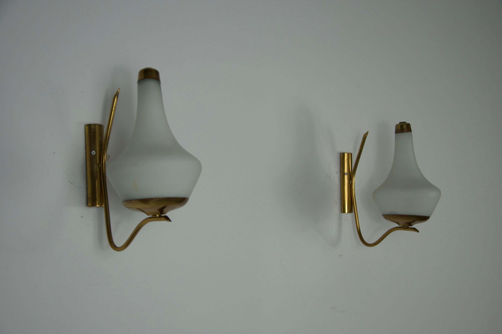 Lighting Pair Of Brass And Opaline Wall Lamps By Stilnovo, Italy, 1960s photo
