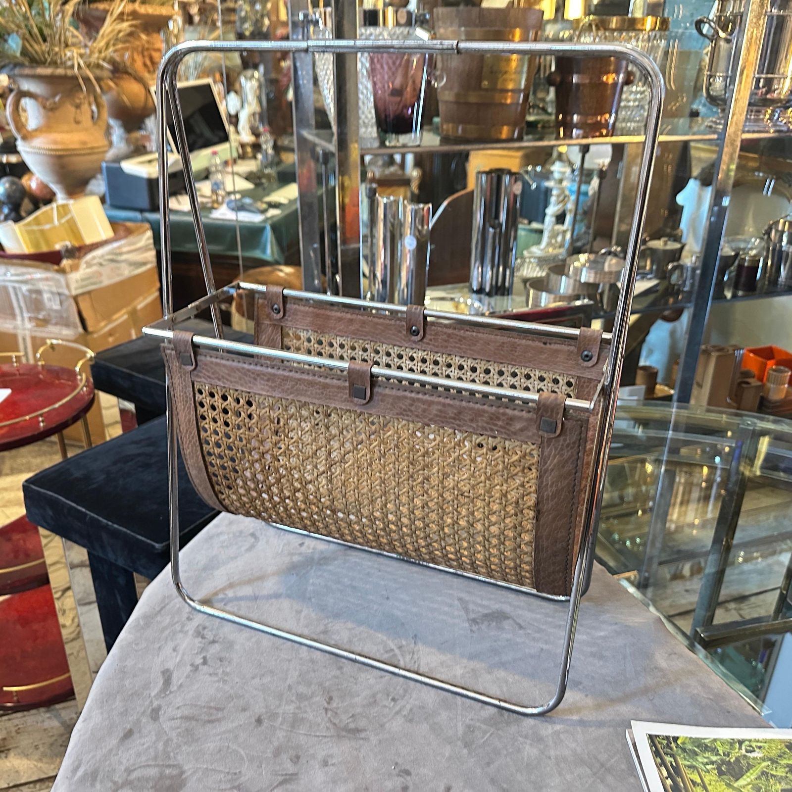 1970s Mid Century Modern Steel, Leather And Wicker Italian Magazine Stand photo buy
