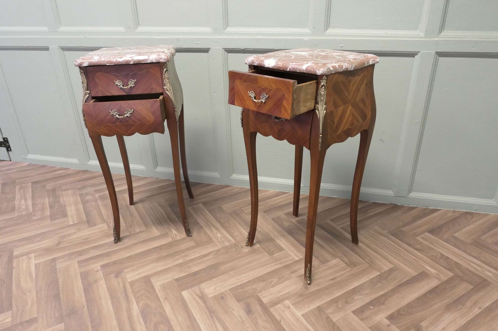 A Pair Of French Bombe Style Bedside Tables photo Furniture